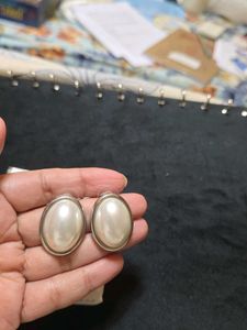 Silver Look Oval Shape Pearl Studs