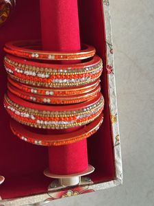 orange Bangles &amp; Kada Set 2/8 For Parties Wedding