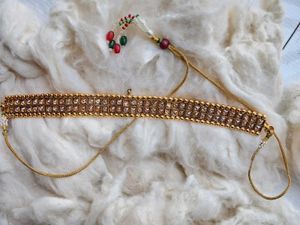 Gold-toned choker with earrings and headpiece