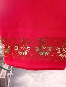 Red Georgette Saree With Hand Done Embroidery