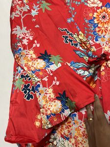 Red Floral Flared Sleeves Wrap Top