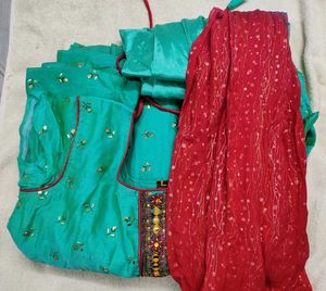 Teal Green Embroidered Kurti with Red Dupatta