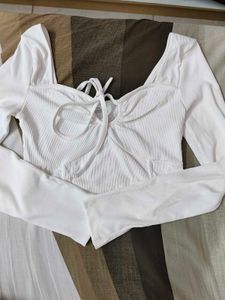 White Long Sleeve Tie Top