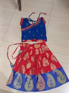 Blue Red Jari Ghaghra Choli For Kids