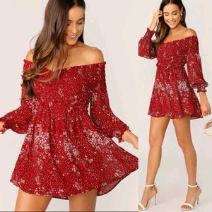 Shein Ditsy Floral Shirred Bodies Off Shoulder Dre