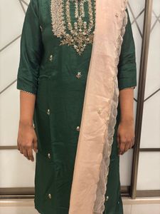 Green Top With Pink Organza Dupatta Jardosi Work