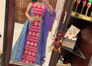 Regal Blue &amp; Pink Silk Floor-Length Anarkali Suit