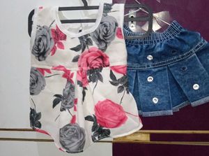 White Floral Top With Denim Skirt