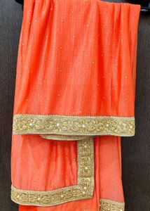 Orange Silk Blend Saree With Fully Stitched Blouse