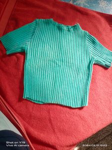 Sea Green Ribbed Nit Tops For Women