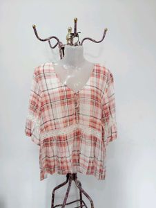 Pink Plaid Lace Trim Peasant Top