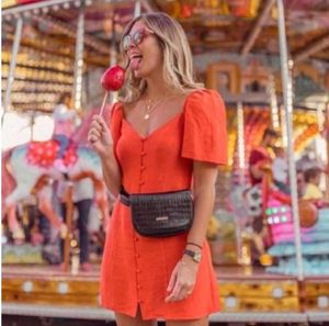 Zara Woman Orange Linen Flutter Sleeve Button Dres