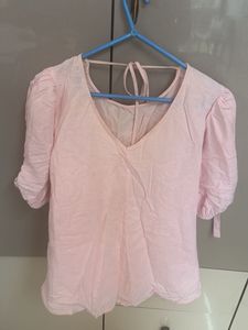 Pink Puff Sleeve Tie-Back Top