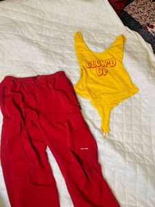 Red Cargo Pants &amp; Graphic Bodysuit Bundle