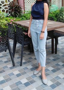 Navy Blue Backless Tie Knot Top Women