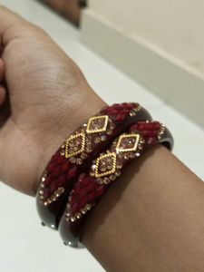 Burgundy &amp; Gold Beaded Bangle Set