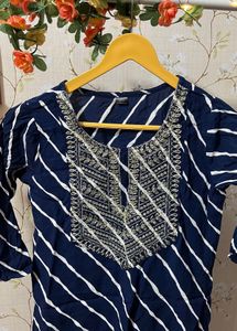 Navy Striped Embroidered Kurti