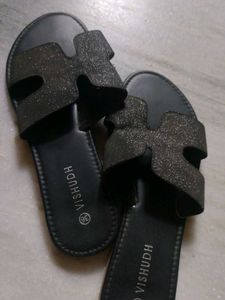 Vishudh Black Glitter Slides - Size 36