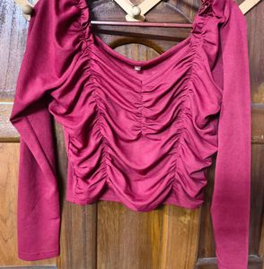 Maroon Ruched Long Sleeve Top