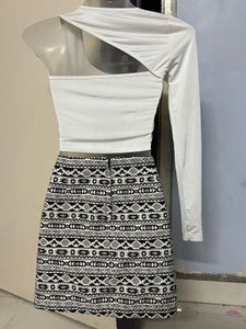 Corset One-Sleeve Top &amp; Patterned Mini Skirt