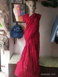 Red. Sequin Saree