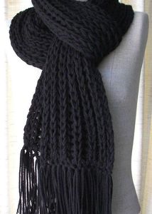 Black Knit Scarf with Fringe