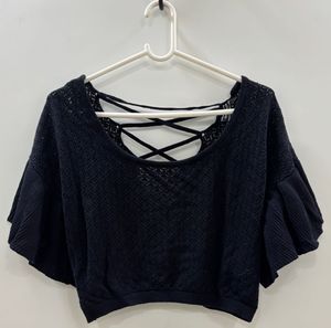 Black Knit Crochet Top with Criss Cross Tie Back