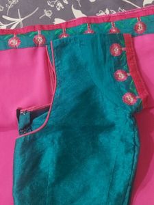 Magenta Saree &amp; Blouse with Blue Floral Border