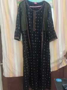 Black & Gold Print Long Maxi Kurti