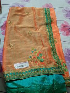 Coral Orange And Rama Green Double Shade Saree