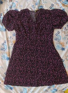 Black And Pink Floral Print Mini A-line Dress