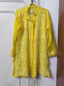 Lucknow Chikankari  Embroidery Yellow Short Kurta