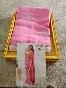New Pink Saree with Silver Leaf Embroidery