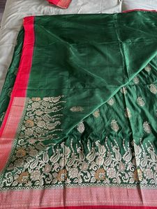 Green Banarasi Saree with Red Blouse