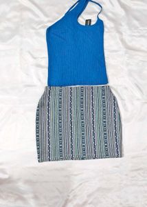 Blue Tank Top & Patterned Mini Skirt Set