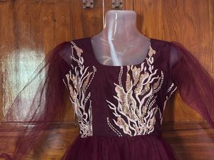 Maroon Embroidered Tulle Dress