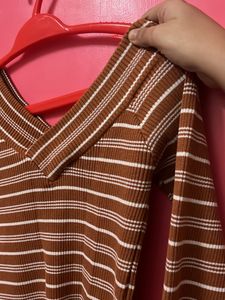 Brown Striped Ribbed Winter Top