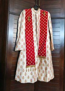 Groom Cream Embroidered Silk Sherwani Set, Jutti