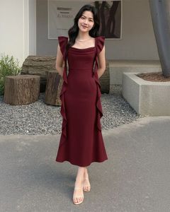 Cowl Neck Ruffle Maxi Dress In Cherry Red