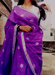 Purple Cotton Saree with readymade blouse and foun