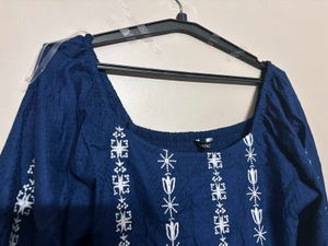 Navy Embroidered Peasant Dress