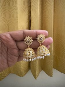 white AD Stone Golden Jhumka  For Women’s &amp; Girls