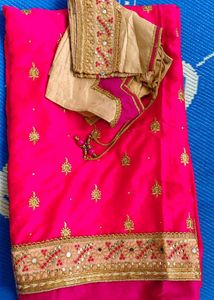 Pink &amp; Gold Embroidered Saree with Blouse