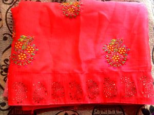 Embroidered Coral Saree