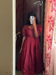 Red Midi Dress with Puff Sleeves