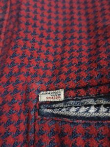 Burgundy Houndstooth Shirt with Denim Accents