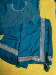 Teal Embroidered Saree &amp; Blouse