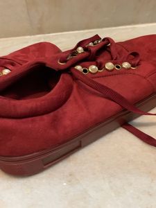 Maroon Velvet With Pearl Design Shoes