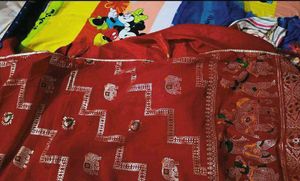 New Zari Red Saree with attached blouse piece
