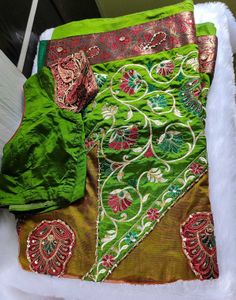 Green Embroidered Saree With Stiched Blouse